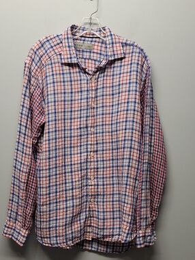 ETRO red white blue plaid linen button down mens shirt size Large
